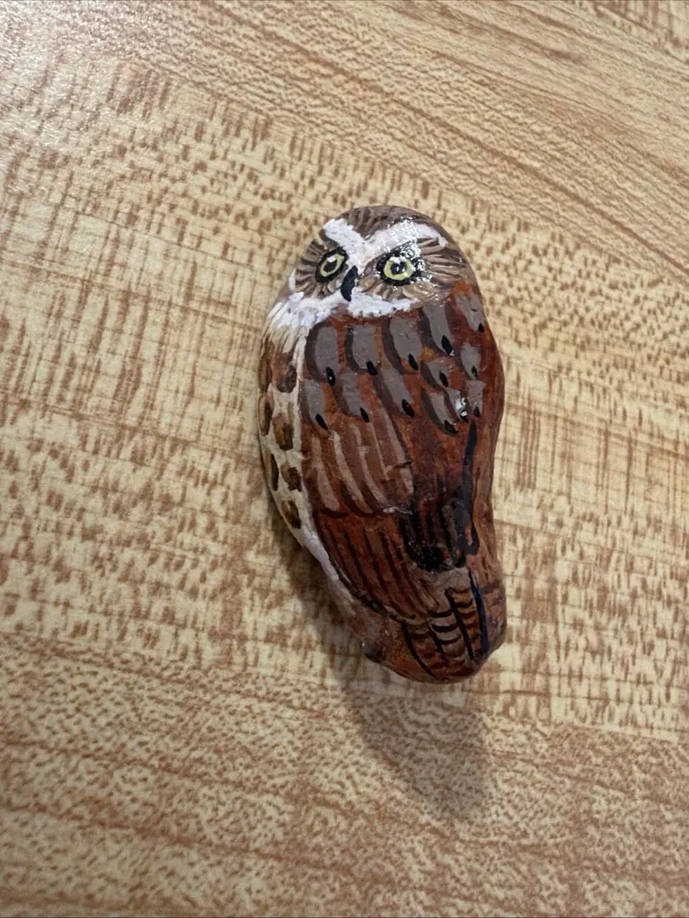 Vintage Hand Painted Stone Owl Brooch Pin Folk Art Artisan Bird Nature Jewelry